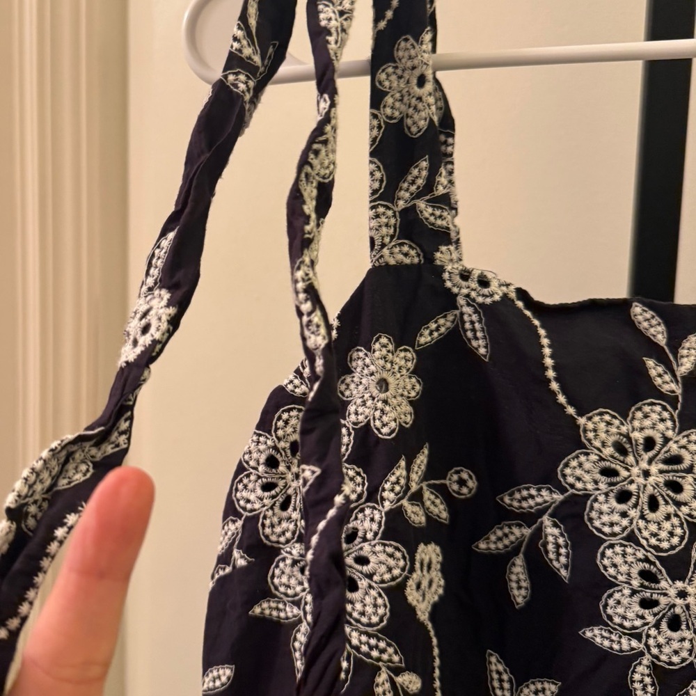 LOFT Navy Floral Eyelet with Faux Tie Strap Mini Dress - Picture 10 of 12
